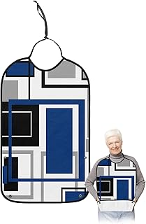 Kewadony Adult Bibs for Elderly Women - Blue Black Abstract Art Waterproof Dining Clothing Protectors with Crumb Catcher for Eating/Feeding, Modern Middle Century Geometric Terry Cloth Bib Washable