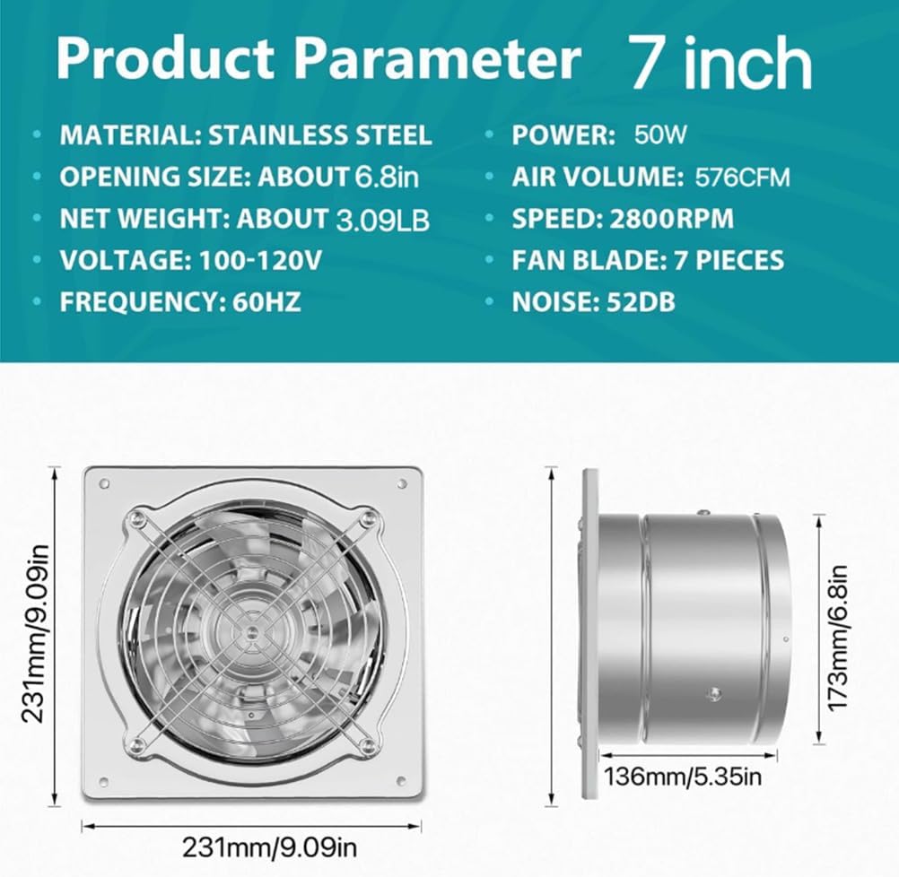 Low Noise Kitchen & Bathroom Wall Exhaust Fan 6/7 /8/10/12" Utility Blower Fan for Ceiling Bathroom Attic Window Basement Ventilation Fan (Silver),7 inch