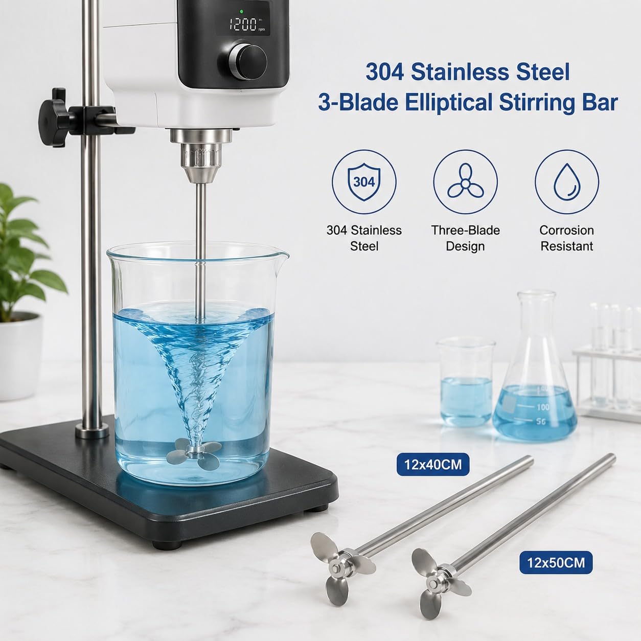 Varilla agitadora de acero inoxidable de 3 cuchillas para mezclador superior, eje de paleta de mezcla industrial para líquidos, lechadas y soluciones, calidad de laboratorio, diseño duradero