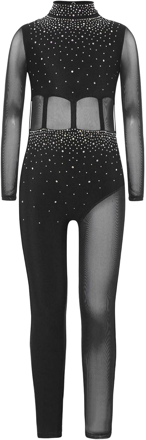 Shinsto Kids Girls Rhinestones Gymnastics Leotard One Piece Shiny Long Sleeve Figure Skating Jumpsuit