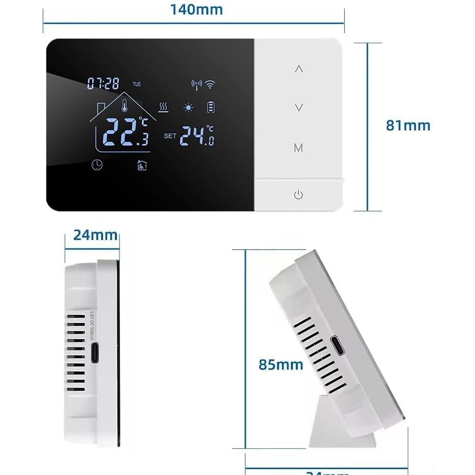 Programowalny termostat WiFi z funkcją ogrzewania i chłodzenia, obsługa aplikacji i głosu, blokada przed dziećmi, 7-dniowy harmonogram, zakres temperatur 5-60°C
