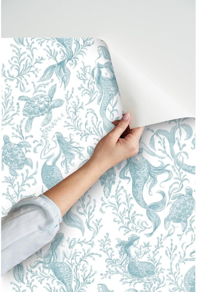 Spoonflower Peel & Stick Wallpaper Swatch - Underwater Ocean Nautical Summer Sea Turtles Mermaids Seafoam Coastal Toile De Jouy Custom Removable Wallpaper