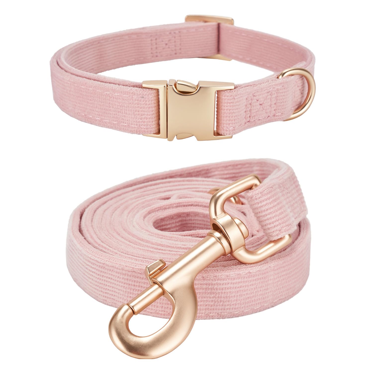 Ewinoom Soft Corduroy Dog Collar and Leash Set Adjustable Durable Dog Collars with Metal Buckle and Lead for Female Medium Dogs,Baby Pink