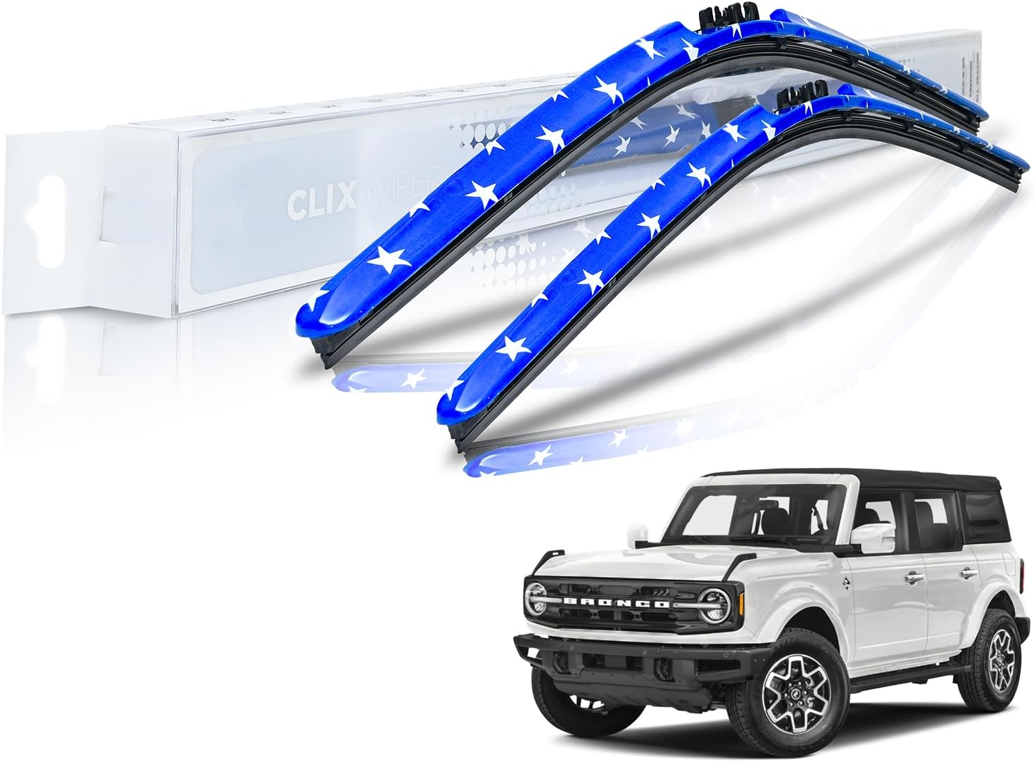 Clix Wipers For Ford Bronco (18"/18") Patriotic Stars Windshield Wiper Blades, All-Weather Replacement Wipers - Complete Front Set of 2, Includes Quick Connect Clips (2021-Current)