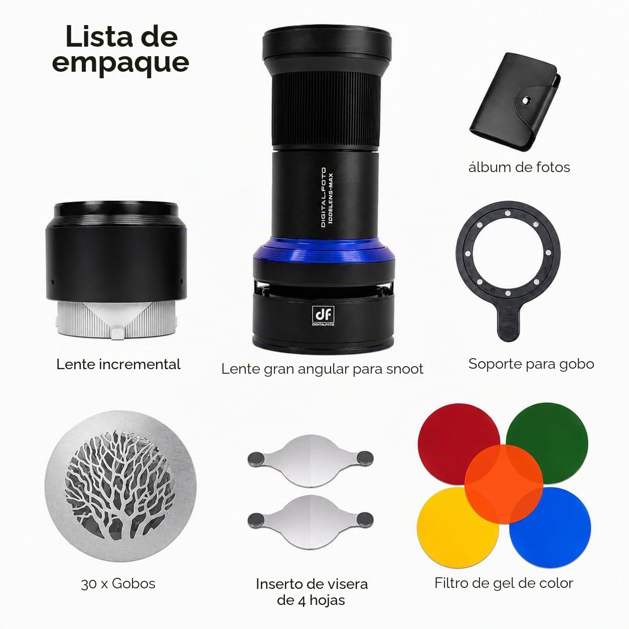 Bowens Mount Snoot Spotlight GOBO Proyector Compatible con Aputure Amaran 60D/XS/100X/D 200D/X, Godox SL60, Incluye 5 filtros y 30 gobos, 4 Hojas de fotografía