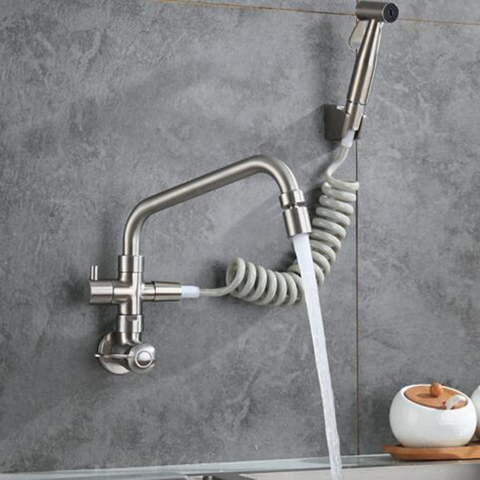 Grifo Cocina Pared Agua Fria Acero Inoxidable Cepillado Grifo Un Orificio Con Pistola Rociadora Grifo de Fregadero de Cocina-B
