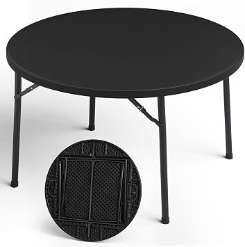 48" Folding Round Table, 48 inch Plastic Commercial Round Dinner Table with Foldable Steel Legs, Portable Banquet Card Table for Party, Events, Indoor, Outdoor, Black