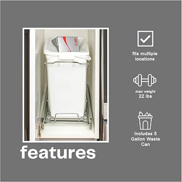 Household Essentials Glidez Chrome-Plated Steel Pull-Out/Slide-Out Discreet Single 5 Gallon Plastic Trash Can for Under Cabinet Use - Fits Standard Size Cabinet, Chrome and White