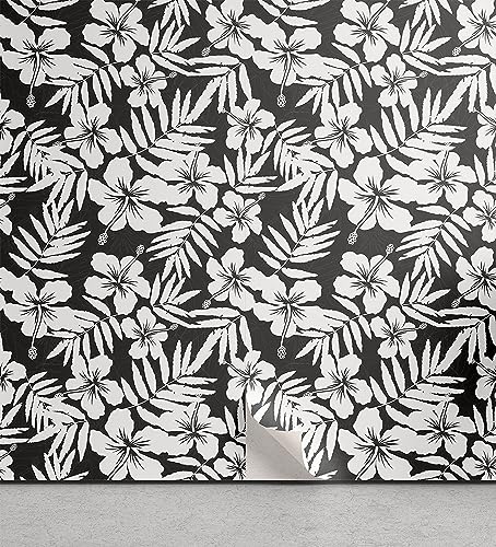 Ambesonne Tropical Peel & Stick Wallpaper for Home, Artisan Exotic Hibiscus Flowers Fern Leaves Pattern Nature Plant Picture Art, Self-Adhesive Living Room Kitchen Accent, 13" x 100", Grey and White