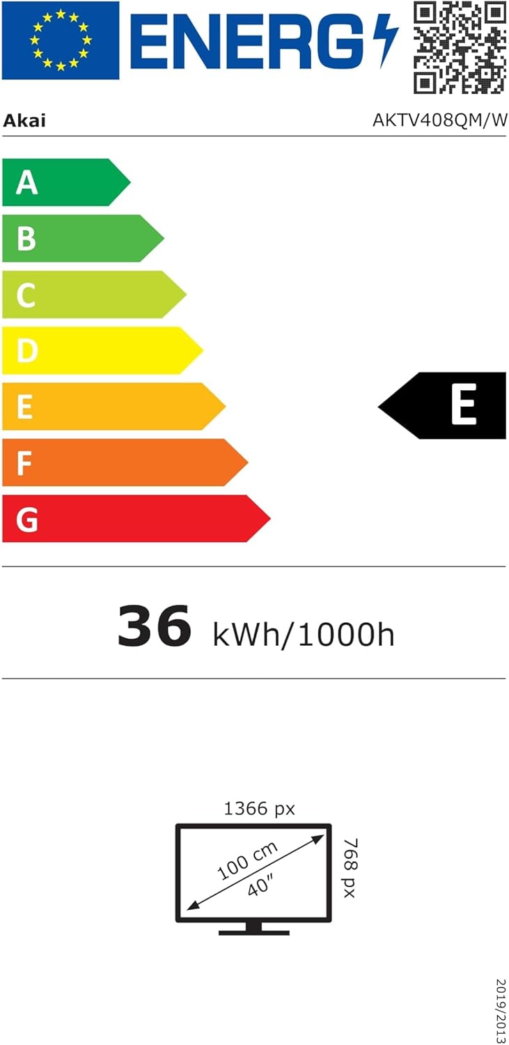 Akai AKTV408QMW Energy Label showing 40-inch screen size and energy efficiency class E