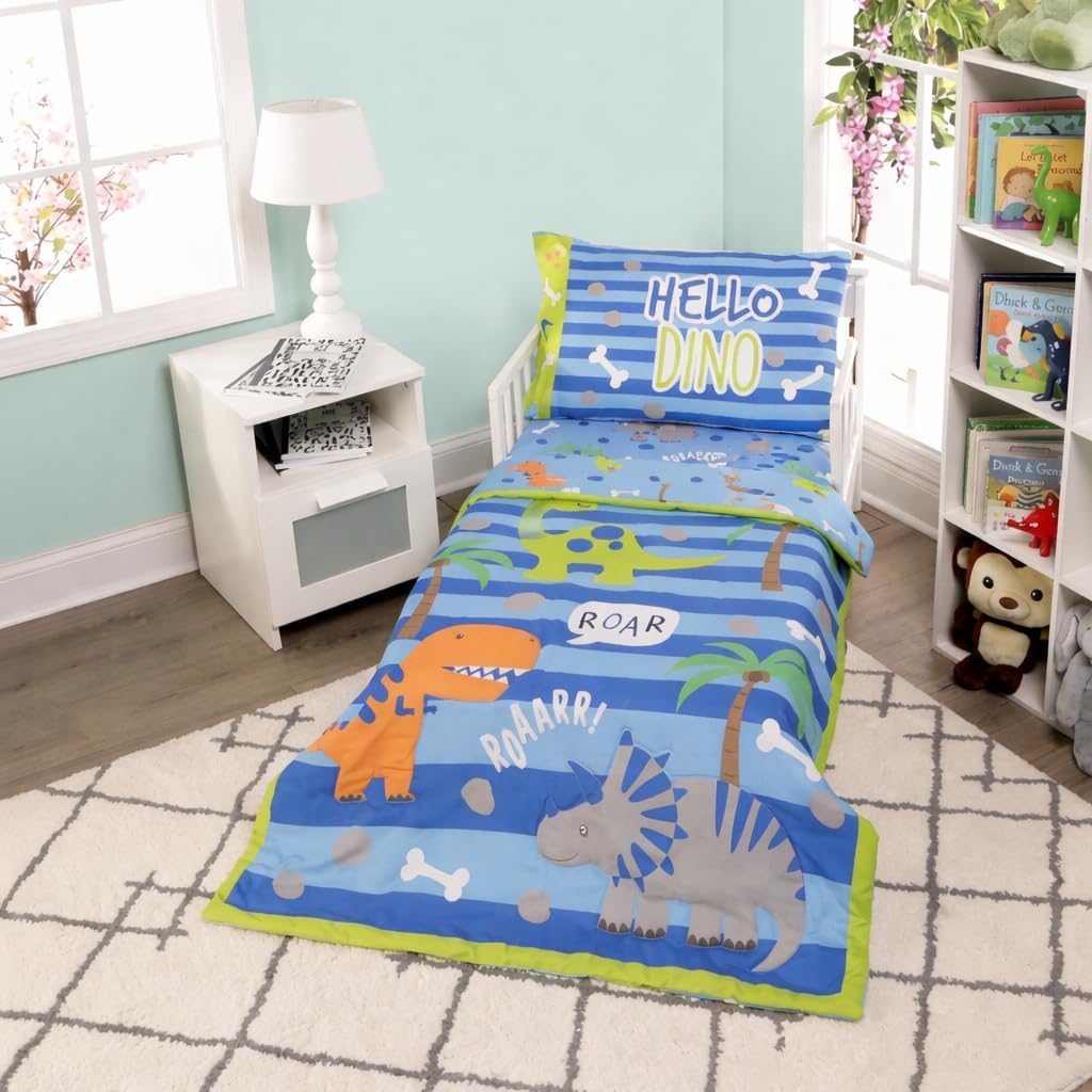 EVERYDAY KIDS 4 Piece Toddler Bedding Set – Roaring Dinosaurs - Includes Comforter, Flat Sheet, Fitted Sheet and Reversible Pillowcase – Boys Toddler Bedding