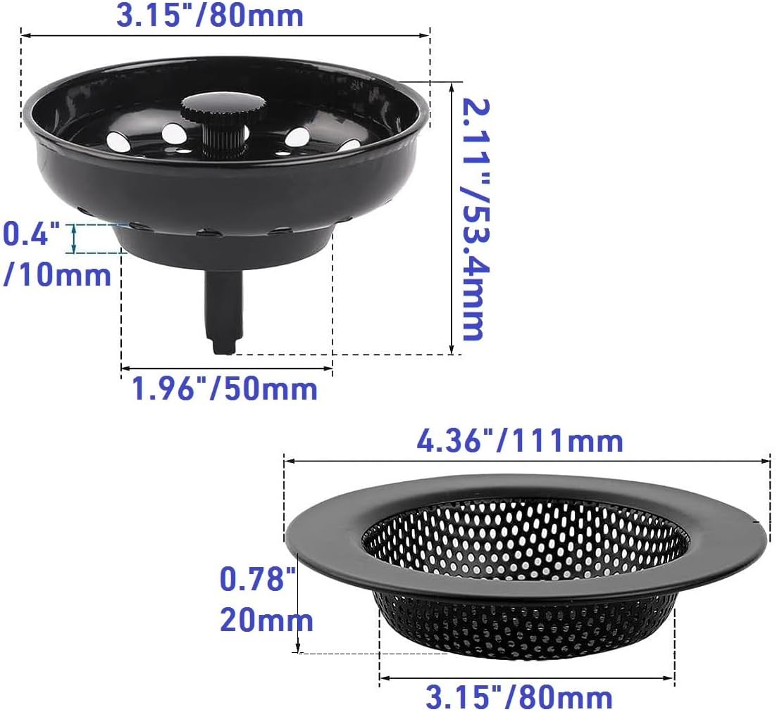 AJOMAN Kitchen Sink Drain Strainer Basket and Sink Drain Stopper, Sink Strainers for Kitchen Sink, Food Catcher(Matte Black, 4 Pieces Total)