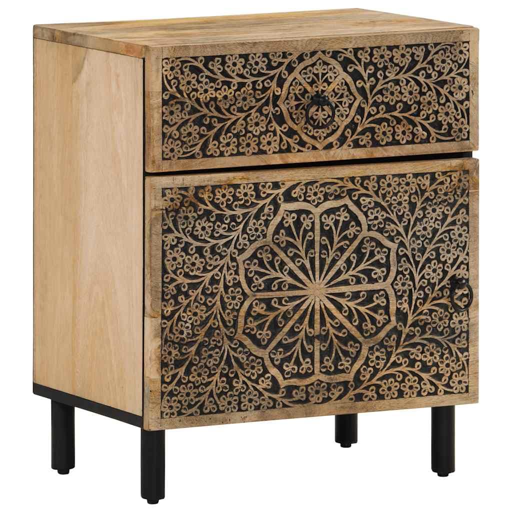Table de chevet en bois de mangue motif sculpté pour une chambre chaleureuse