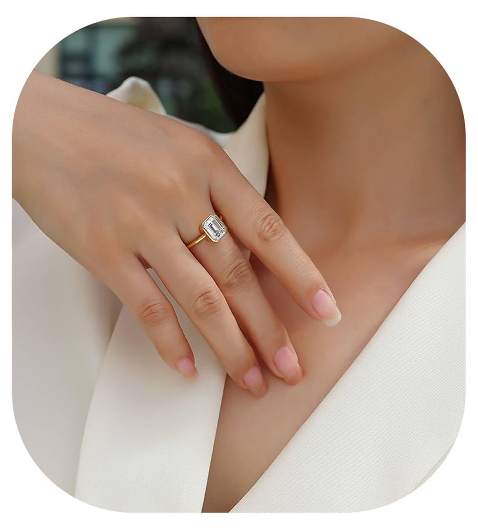 Anillo de promesa a juego, anillos apilables de oro pulido, anillo solitario con moissanita rectangular de 7 x 9 mm, oro amarillo de 2,5 quilates