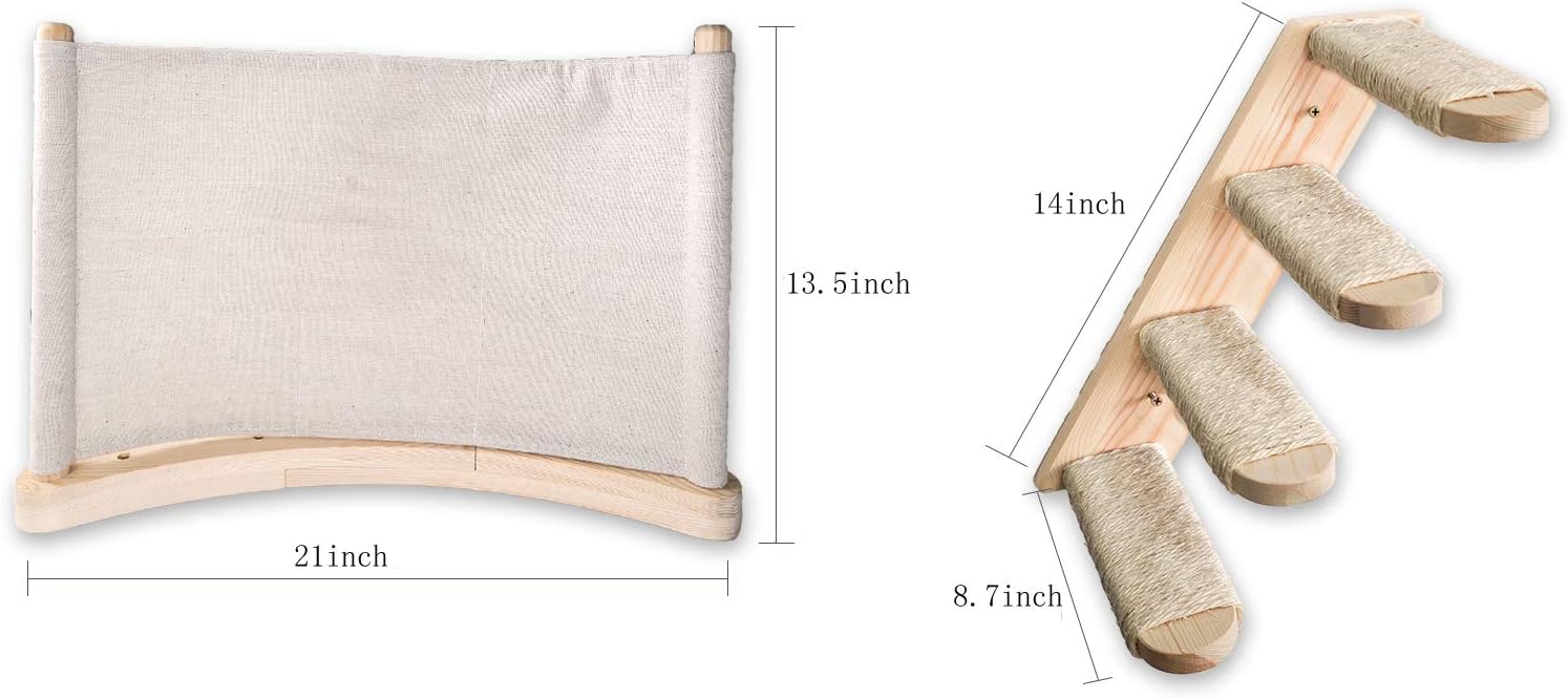 Cat Hammock Wall Mounted Cats Shelf and Climbing Shelf Four Step Cat Stairway with Sisal Scratching Bridge Step Solid Wood Tree Sleeping Playing Lounging Perching Cat Furniture