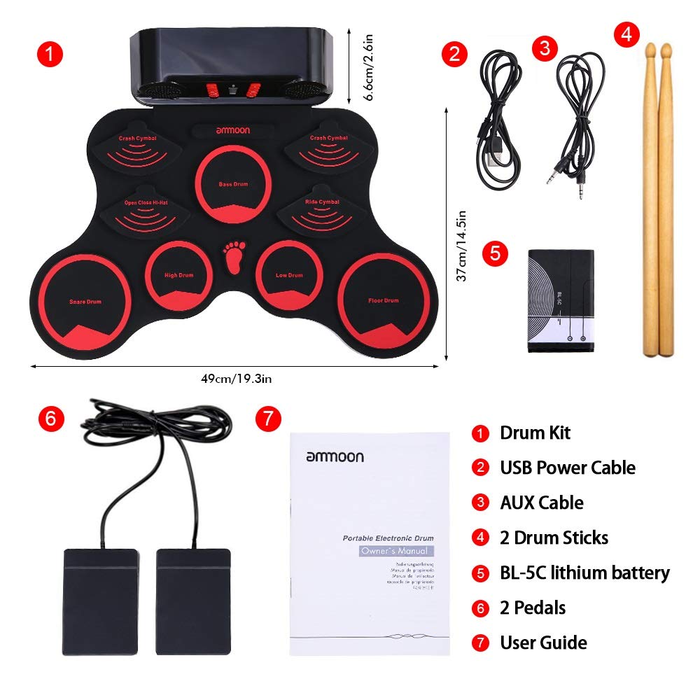 Batteria Elettronica Set Drum Kit Digitale 9 Pad Silicio Altoparlanti Stereo 2 Pedali