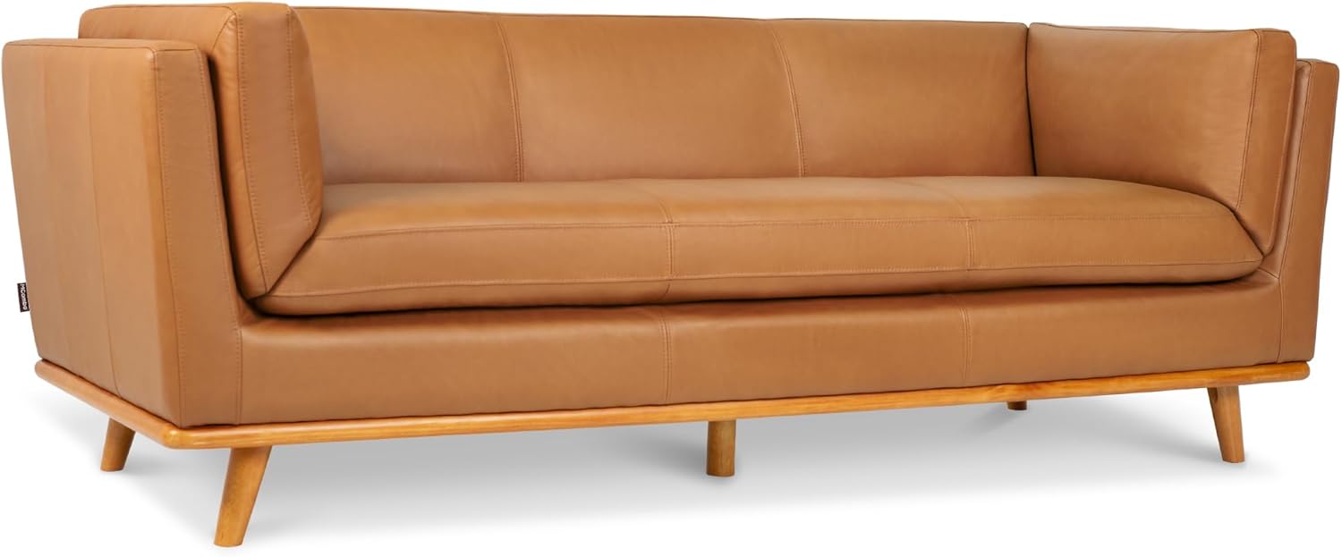 MCombo Napa Leather Couch, 88'' Leather Sofa, Full-Grain Leather Sofa for Living Room, Leather Office Couch, Solid Wood Accent, Vintage Italian Leather VE701 (Cognac Tan)