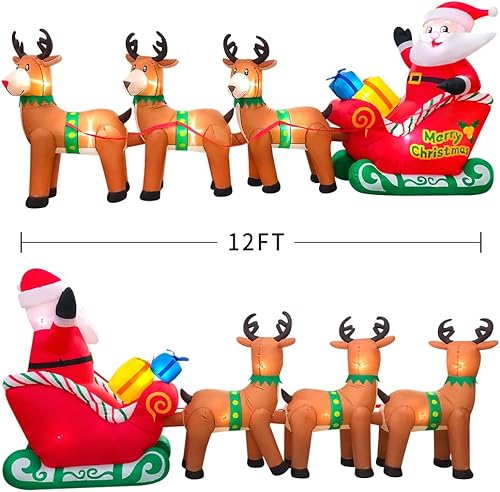 Miniatura 5 de KOOY Papá Noel inflable de Navidad de 12 pies de largo en trineo con caja de regalo de ciervos y renos, decoración de patio inflable de Feliz