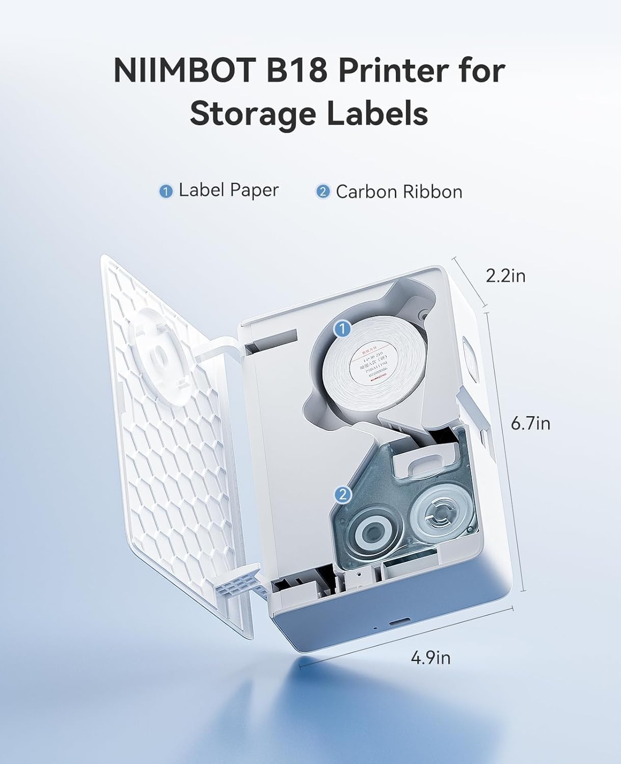 NIIMBOT Label Maker for Freezer Labels for Storage Bins, B18 Label Printer with Black Ribbon Cartridge and White Labels, Support Multi-Color Printing