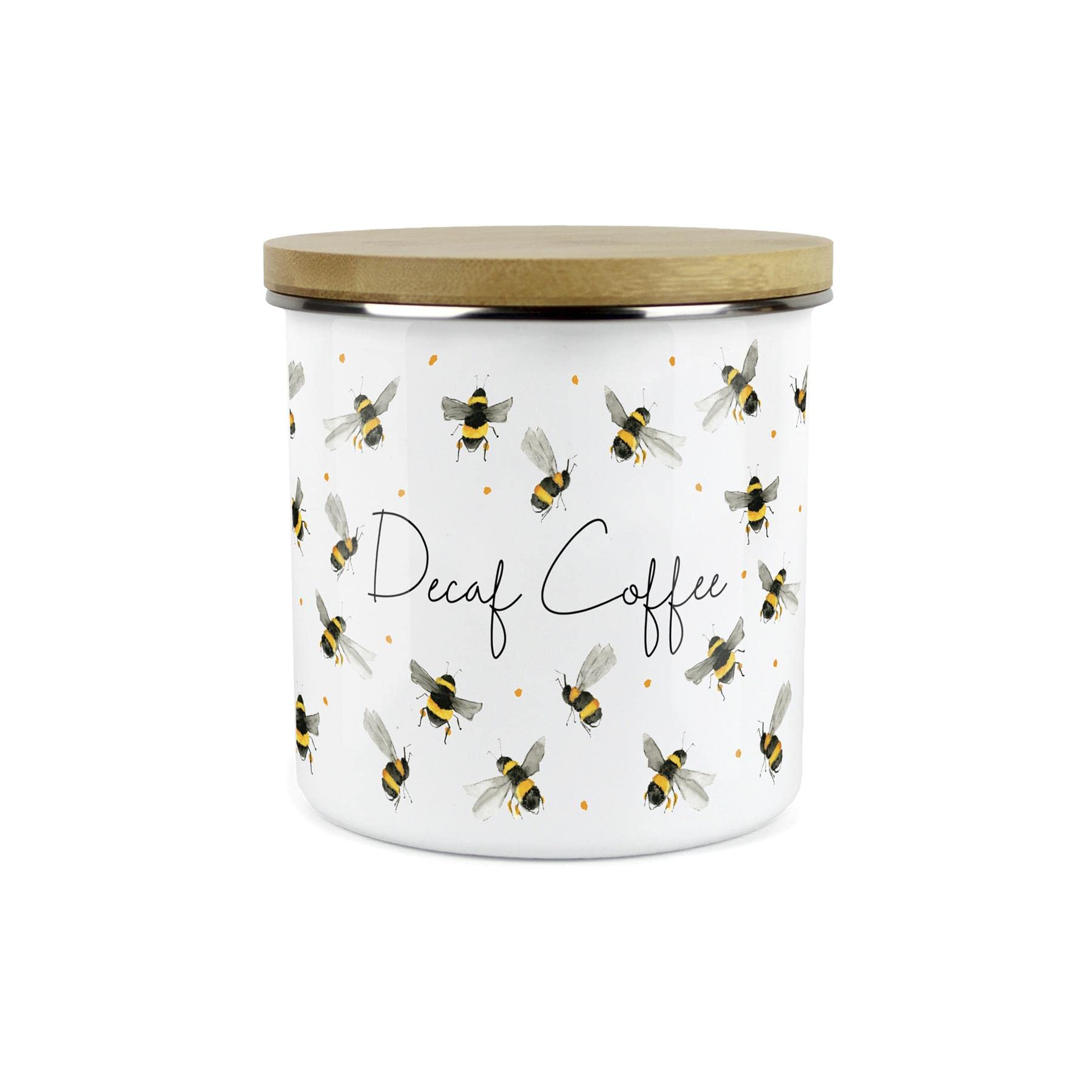 Purely Home White Scattered Bees Decaf Coffee Storage Canister - Bumblebee Themed Gifts - Metal Enamel Kitchen Food/Drinks Storage Container