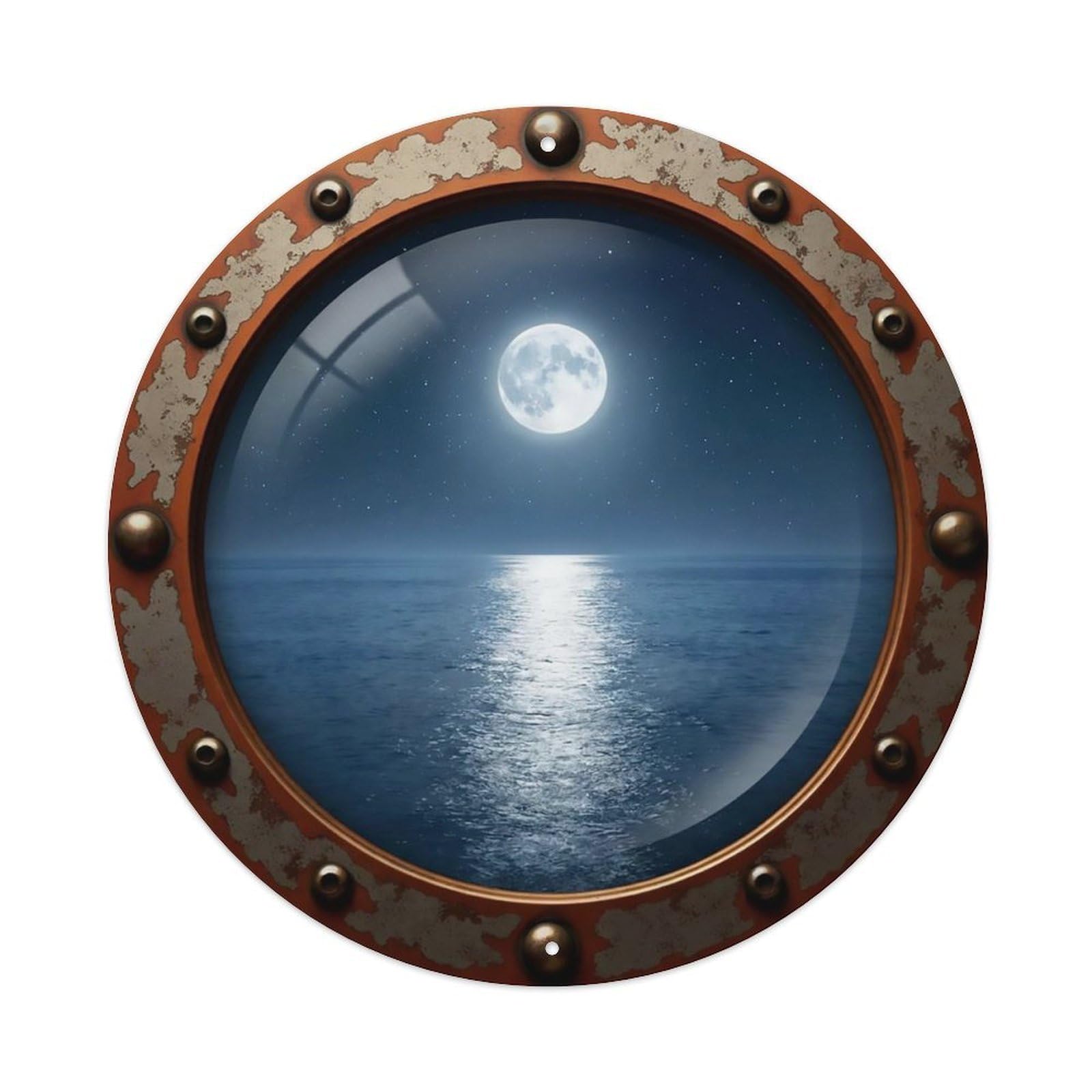 Vintage Porthole Moonlit Night Sea View Metal Tin Sign