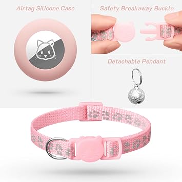 2 Pack Airtag Cat Collar Breakaway with Bell,Reflective Kitten Collar with Apple Airtag Cat Collar Holder,Adjustable 7-12In,Safety Buckle for Girl Boy Cats,Pet Supplies,Accessories,Gifts (Pink)