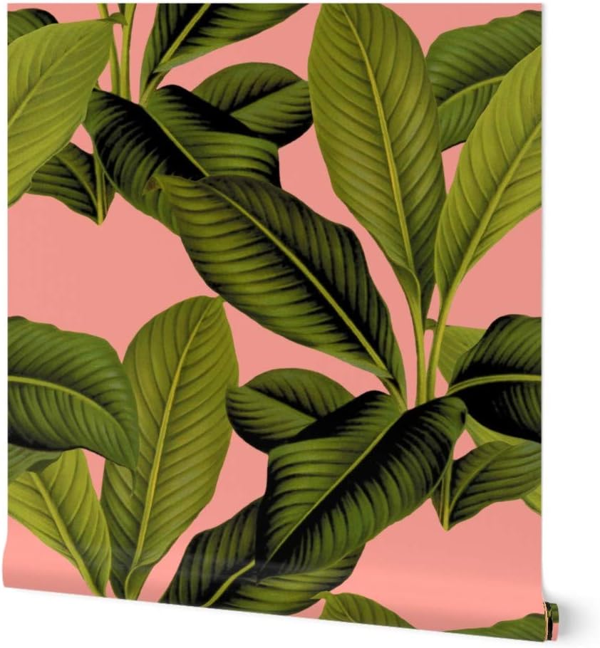 Peel & Stick Wallpaper Swatch - Palm Botanical Coral Leaves Tropical Green Banana Leaf Custom Removable Wallpaper by Spoonflower