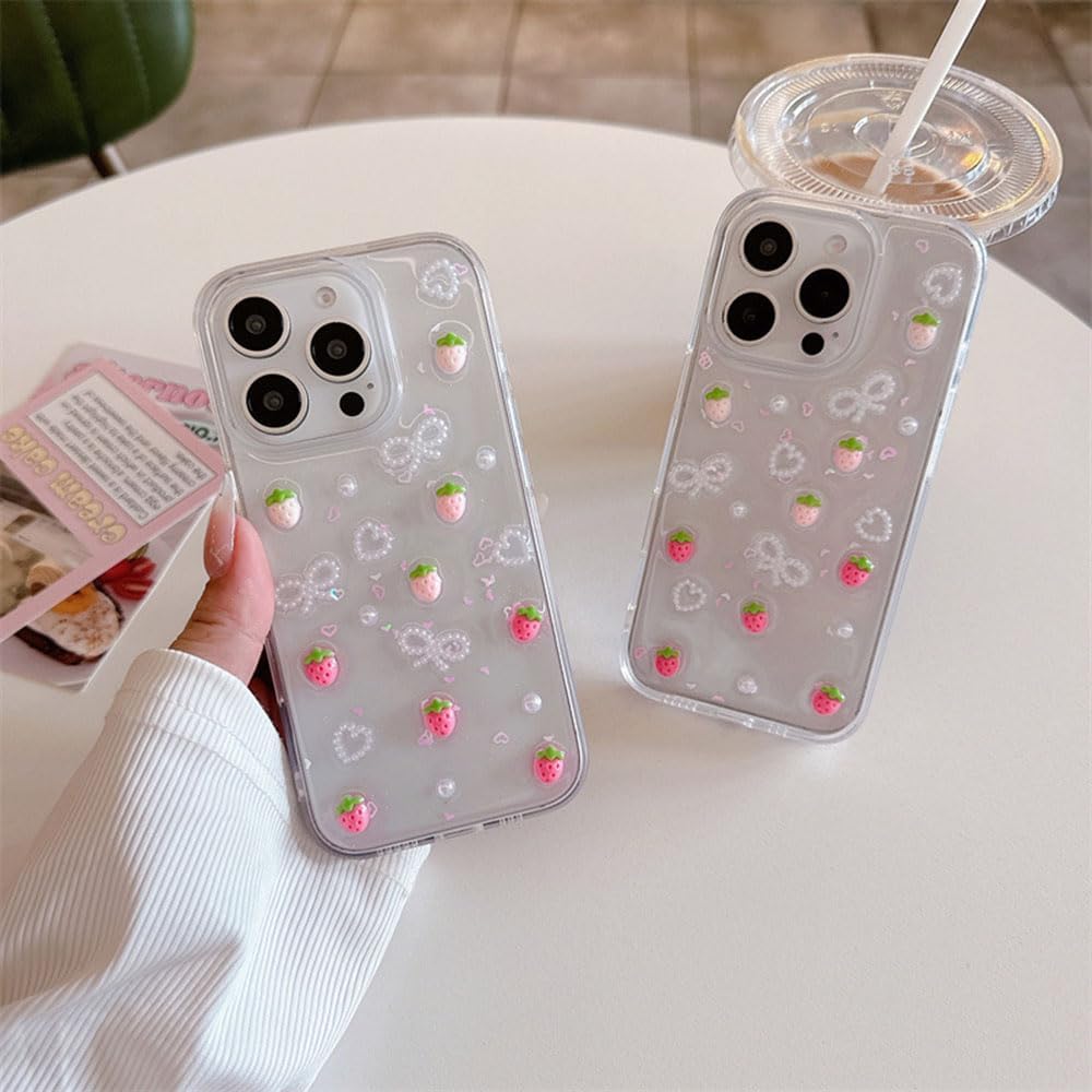 Fycyko Compatible for iPhone 16 Plus 3D Strawberry Pearl Bow Clear with Design Aesthetic Women Teen Girls Glitter Pretty Sparkle Sparkly Cute Girly Phone Cases Protective Cover+Pearl Chain - Image 2
