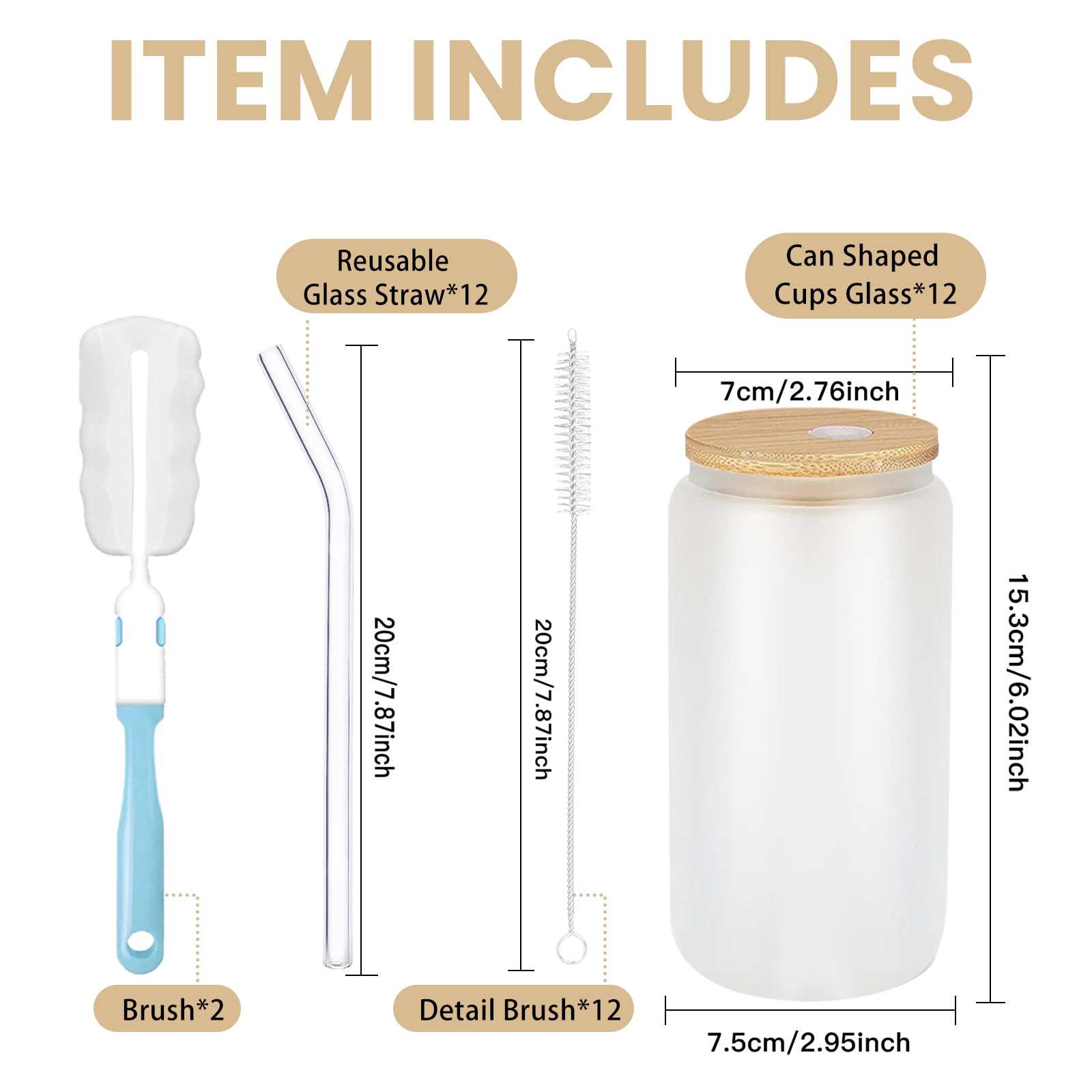 12-teiliges Milchglasbecher mit Deckel und Strohhalmen, 473 ml, Eiskaffeebecher-Set, wiederverwendbare Bierdosenform, Trinkgläser für Smoothies, Tee, Wasser, Matcha-Tasse, Saft, Limonade
