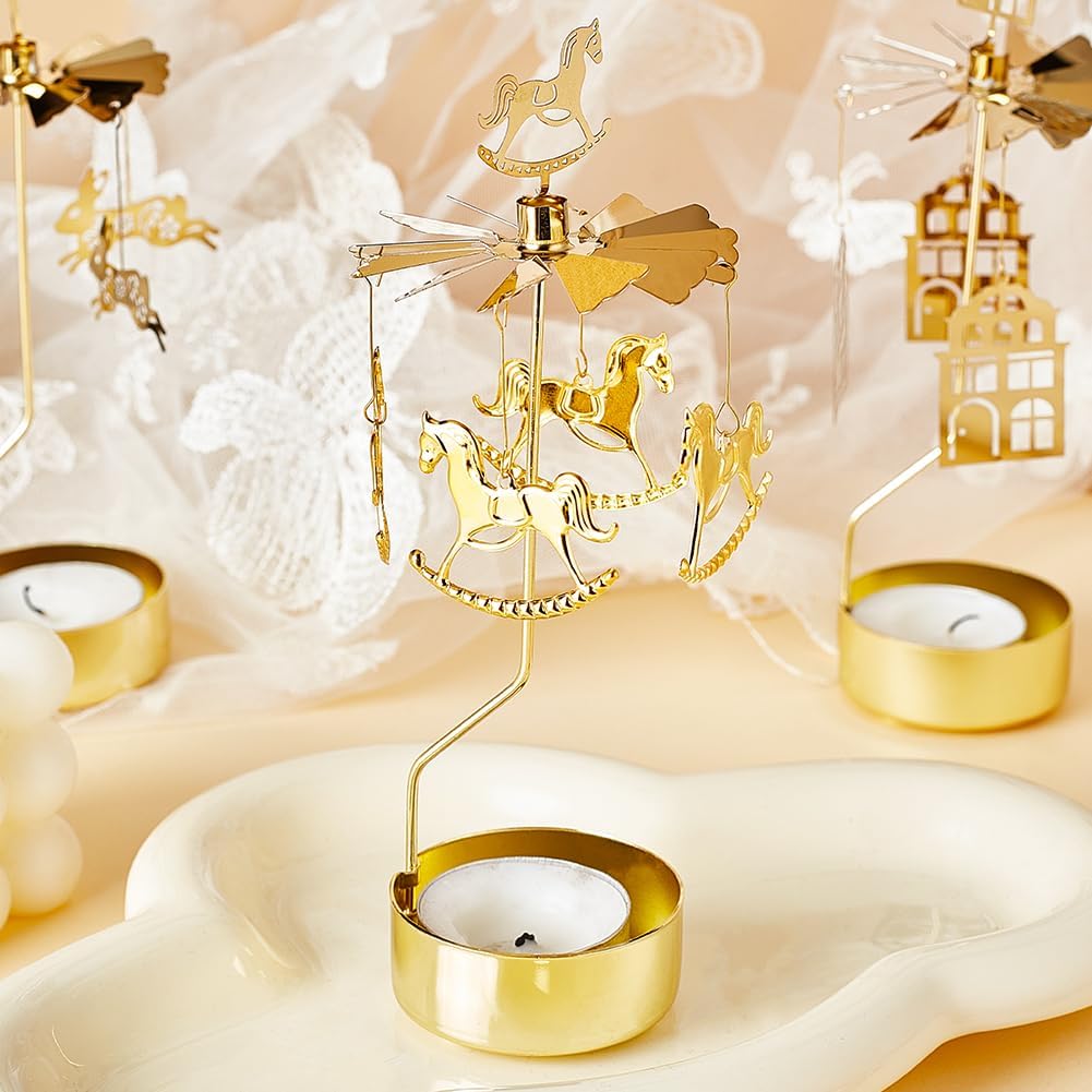 COMZPLIFE Carousel Spinning Tea Light Candle Holder, Gold Metal Rotary Candle Stand for Birthday, Wedding, Anniversary, Party, Table Decoration, Home Decor
