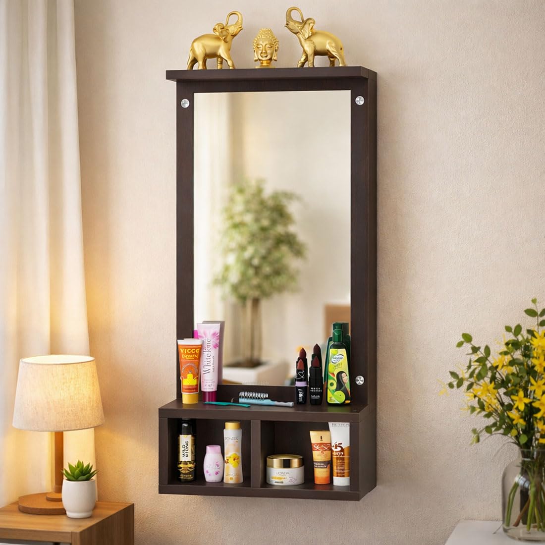 Cirise Wall Mounted Dressing Mirror with Storage Shelf, 82.5x37 cm | 2 Open Compartments, Top Display Shelf, Walnut Finish, 12x22 Inch Mirror, Engineered Wood-image-15