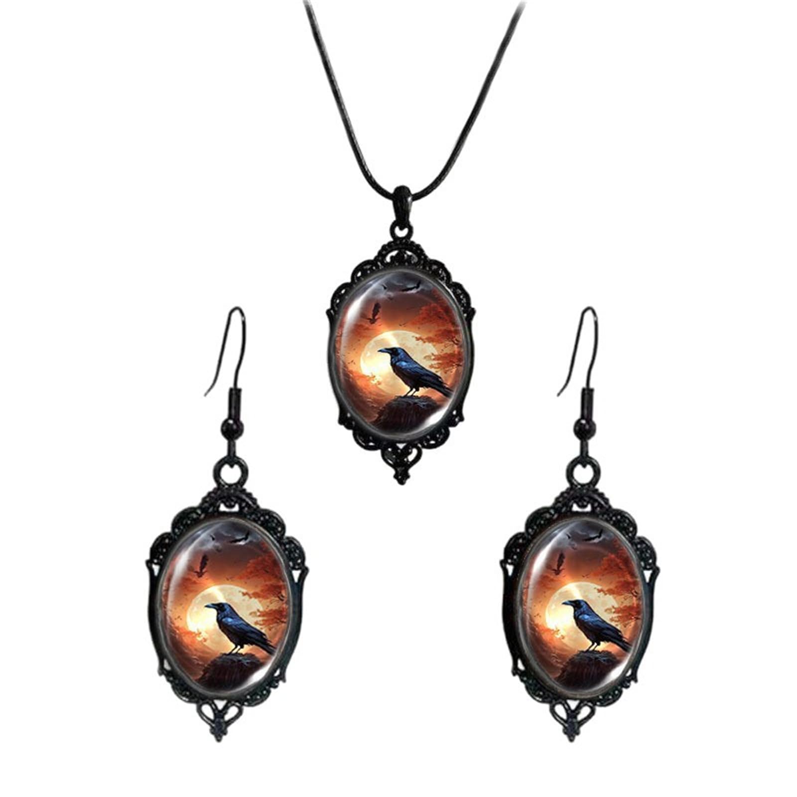 Gothic Halloween Earring Necklace Set for Women,Vintage Crow Bat Vampire Glass Pendent Necklace Punk Style Raven Witch Cameo Dangle Earrings Wicked Victorian Halloween Costume Accessories Jewelry