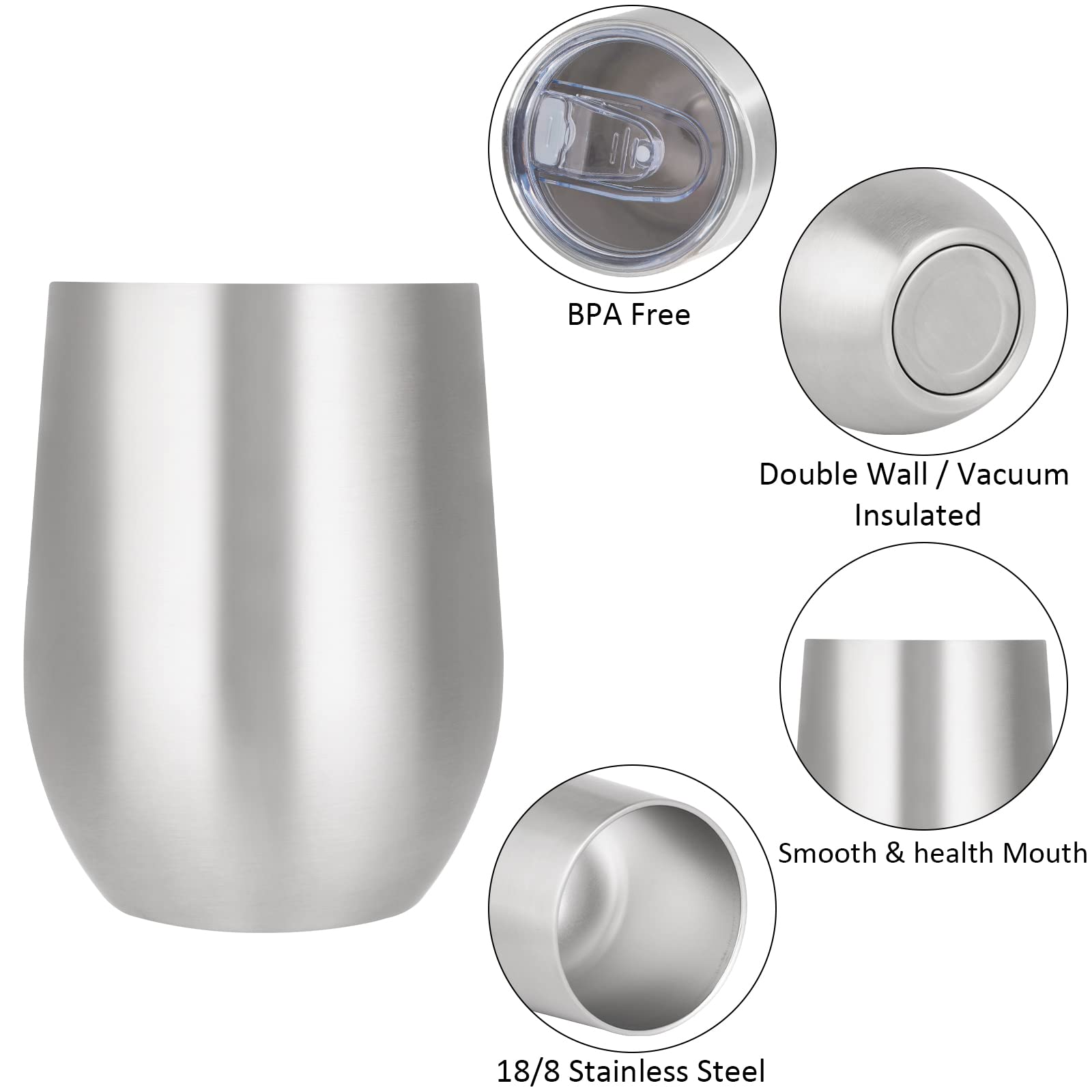 Joymaking Stemless Lot de 4 gobelets à vin en acier inoxydable avec couvercle, double paroi pour lait, café, vin, bière, champagne, cocktails, argent
