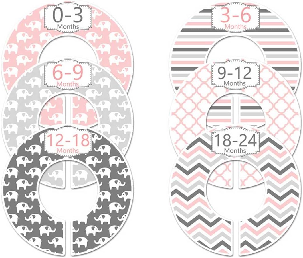 C97 Baby Closety Dividers Girl Pink Nursery Clothes Hanger Size Dividers Organizer Elephant Gray Set of 6