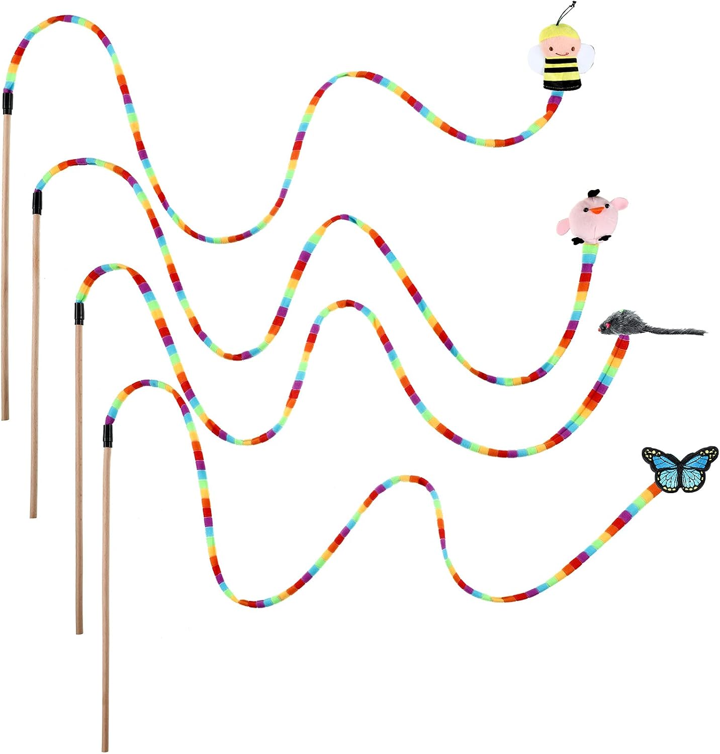 Skylety 4 Pieces Interactive Cat Toy Cat Teaser Stick Toys Pet Charmer Wand Toy with Bee, Butterfly, Mouse and Bird Model for Indoor and…