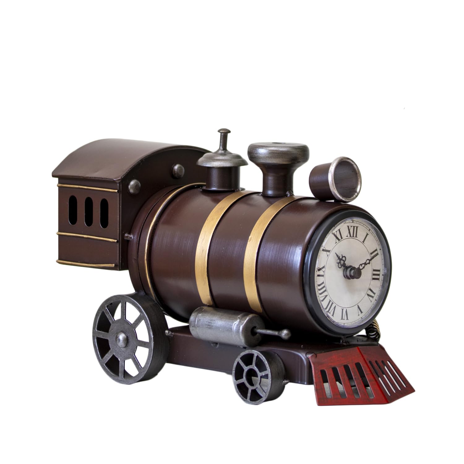 Darthome Burgundy Steam Train Clock, Vintage Locomotive Design, Metal, Roman Numeral Face, Battery Operated, Mantel or Shelf Railway Decor, W26cm x H17cm x D11cm