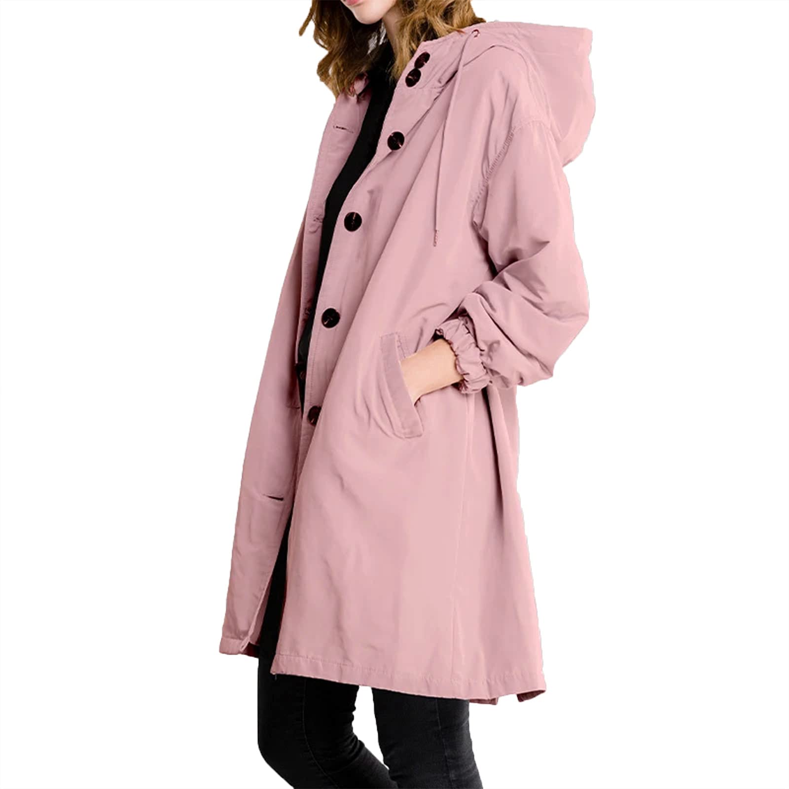 Womens Trench Coat Single Breasted Classic Hooded Windproof Overcoat Plus Size Outerwear Jackets with Pockets