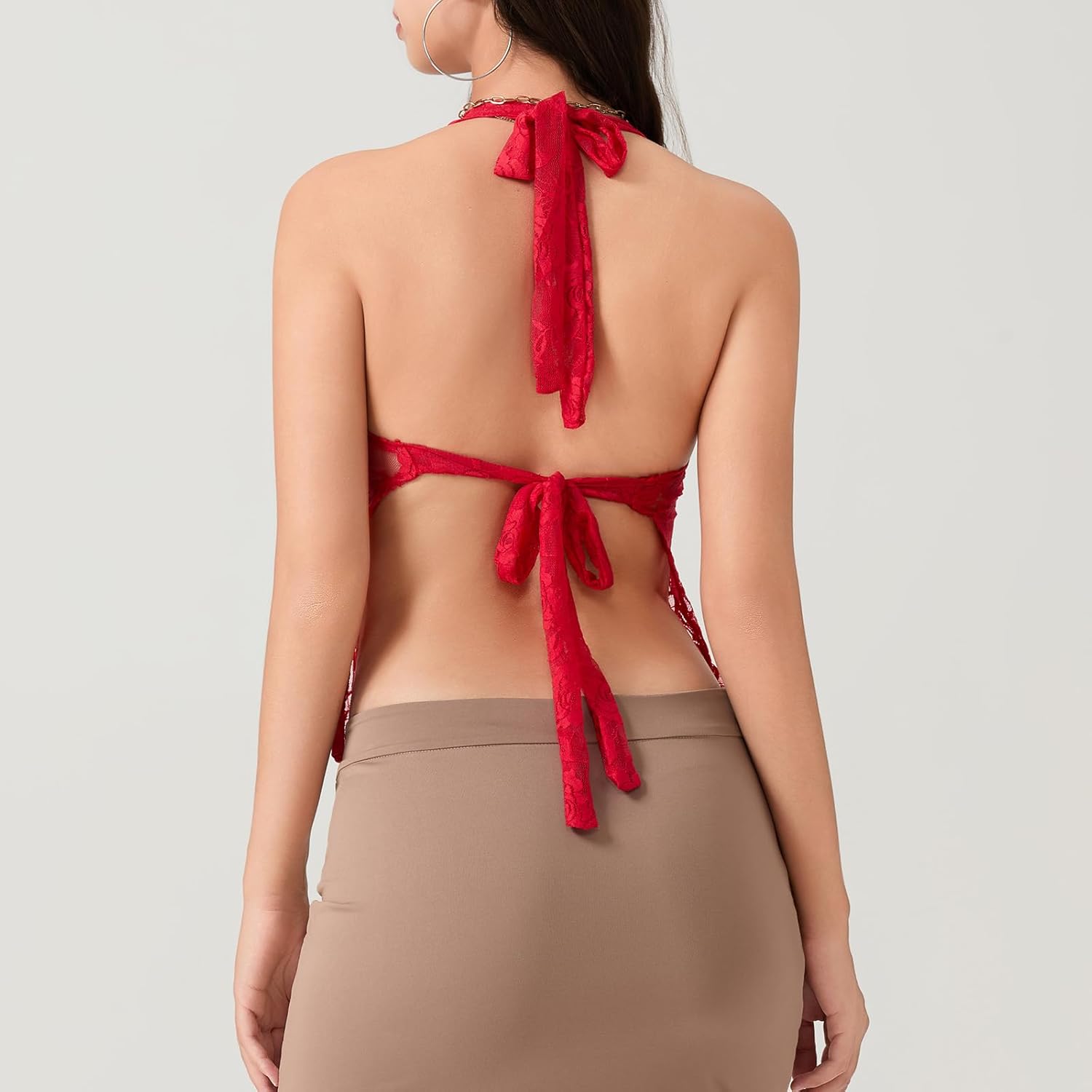 Women Lace Crop Tank Tops Lace See Through Backless Tie-Up Halter Going Out Tops Sleeveless Cami Shirts Streetwear - Image 4