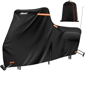 Motorcycle Tarpaulin Cover Waterproof 420D Motorcycle Tarpaulin Winterproof for Touring Models Outdoor UV Rain and Dust Protection Deluxe Edition Side Box 274 x 111 x 142 cm Black
