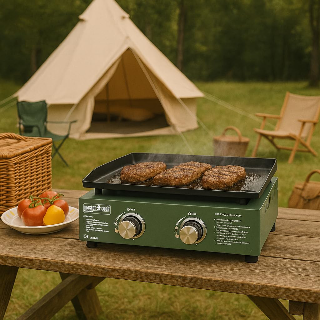 MasterCook - Piastra A Gas Professionale Da Esterno In Acciaio Inox Con 2, 3, 4 Fornelli Regolabili, Piastra A Gas Per Grigliare All’aperto In Campeggio O Giardino (Verde, 2 bruciatori)