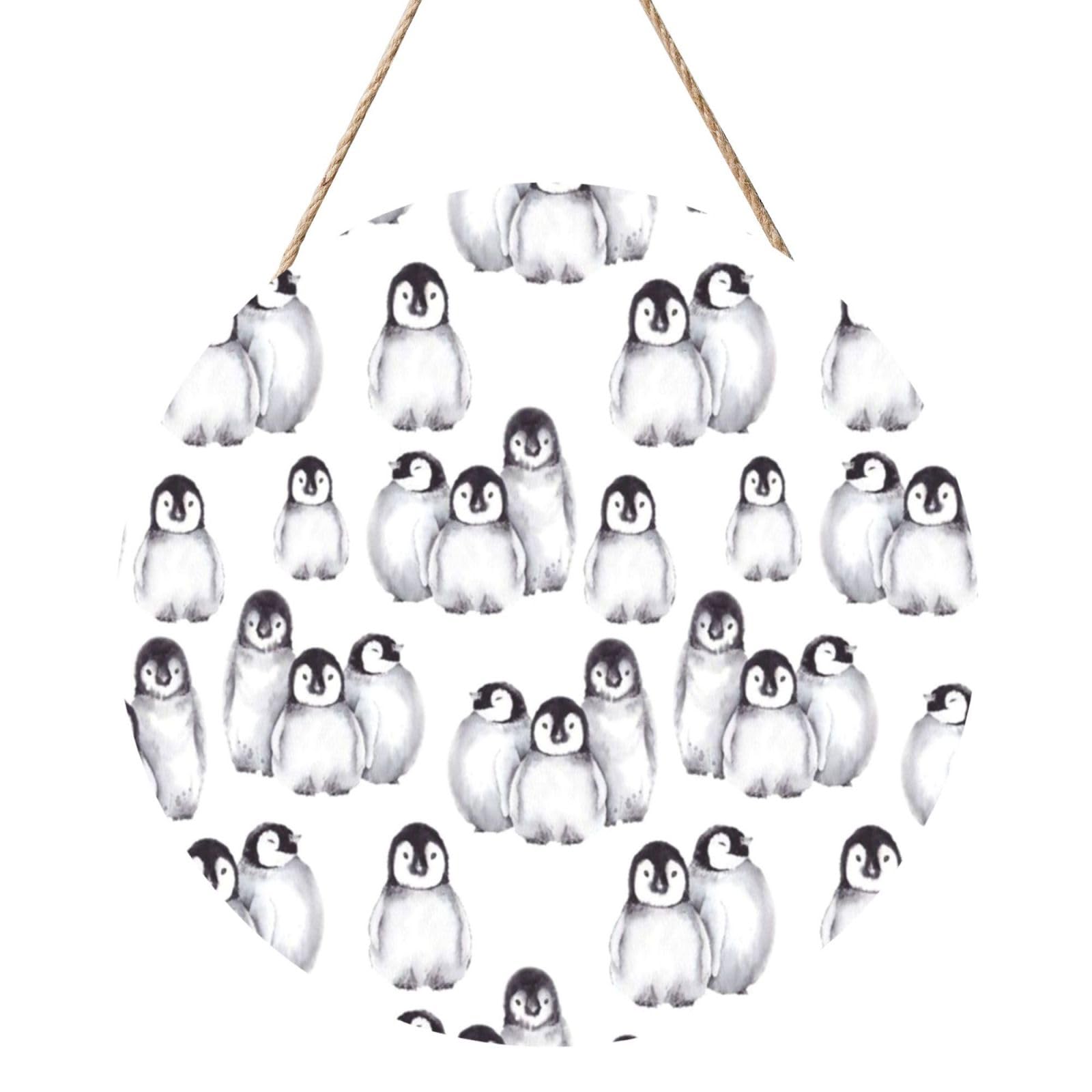 InOmak Baby Penguins, Round Wood Panel Painting 12 in, Wall Hanging Painting For Home
