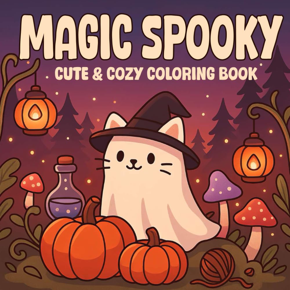 Magic Spooky Coloring Book Kids & Adults: Adorable Witch Cats, Ghosts & Pumpkins | Cute & Cozy, Relaxing Halloween Coloring Pages