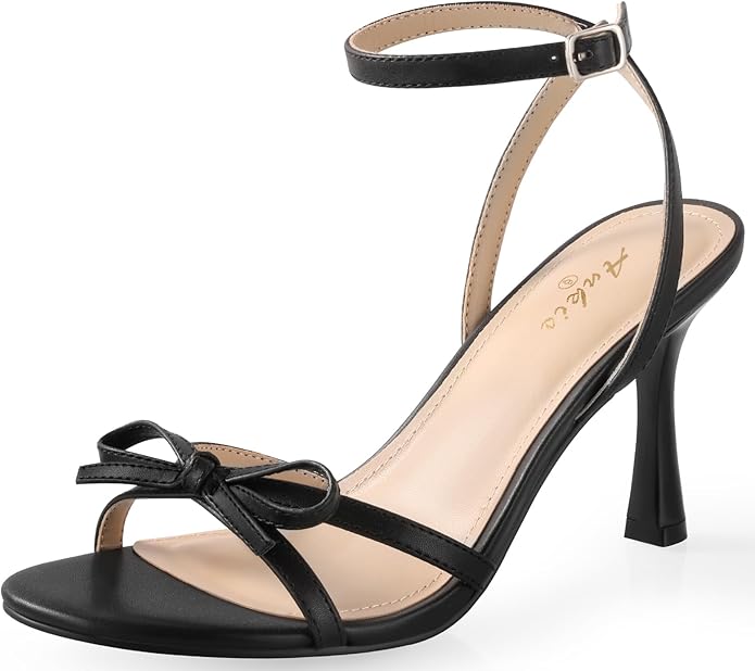 Ankis Black White Heels Bow Heel 3IN Strappy Kitten Heels for Women Ankle Strap Open Toe Wedding Bridal Dress Shoes Sandals fashion product photo