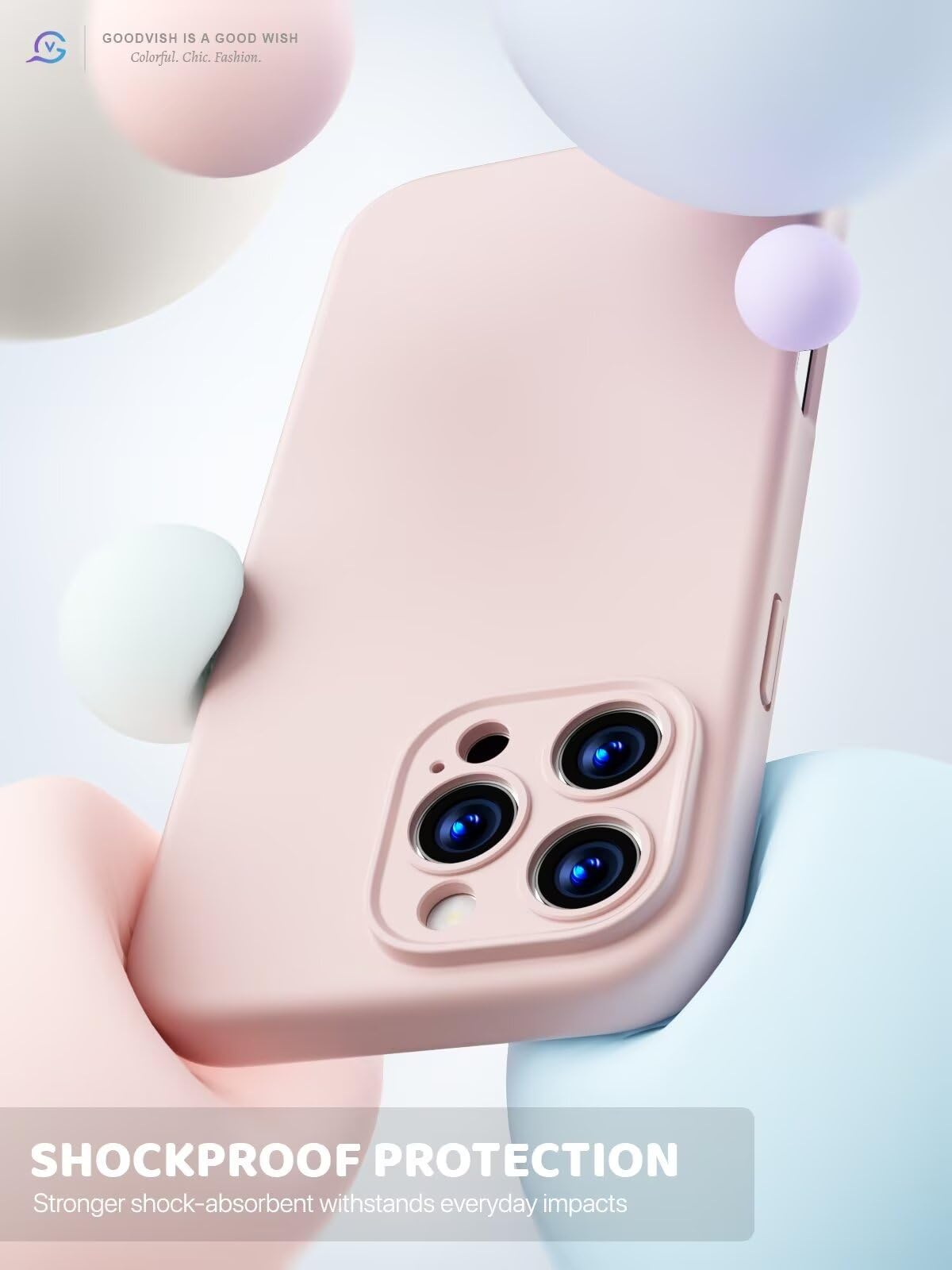 GOODVISH 3 in 1 Silicone Cover per iPhone 16 Pro 6.3", Custodia con 2 Pellicola Vetro Temperato [Protezione Fotocamera] 360° Protezione Anticaduta Case per Cellulare Antiurto Resistente, Rosa Sabbia