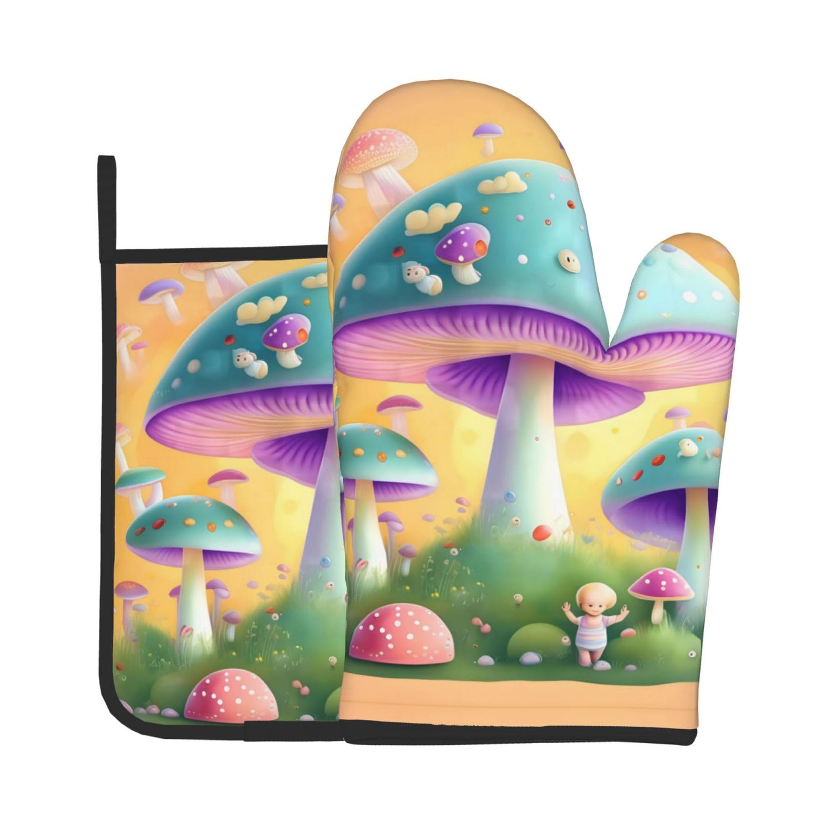 Oven Mitts and Potholders Set of 2 for Kitchen Baking Cooking GrayFantasy Mushroom Thick and Durable