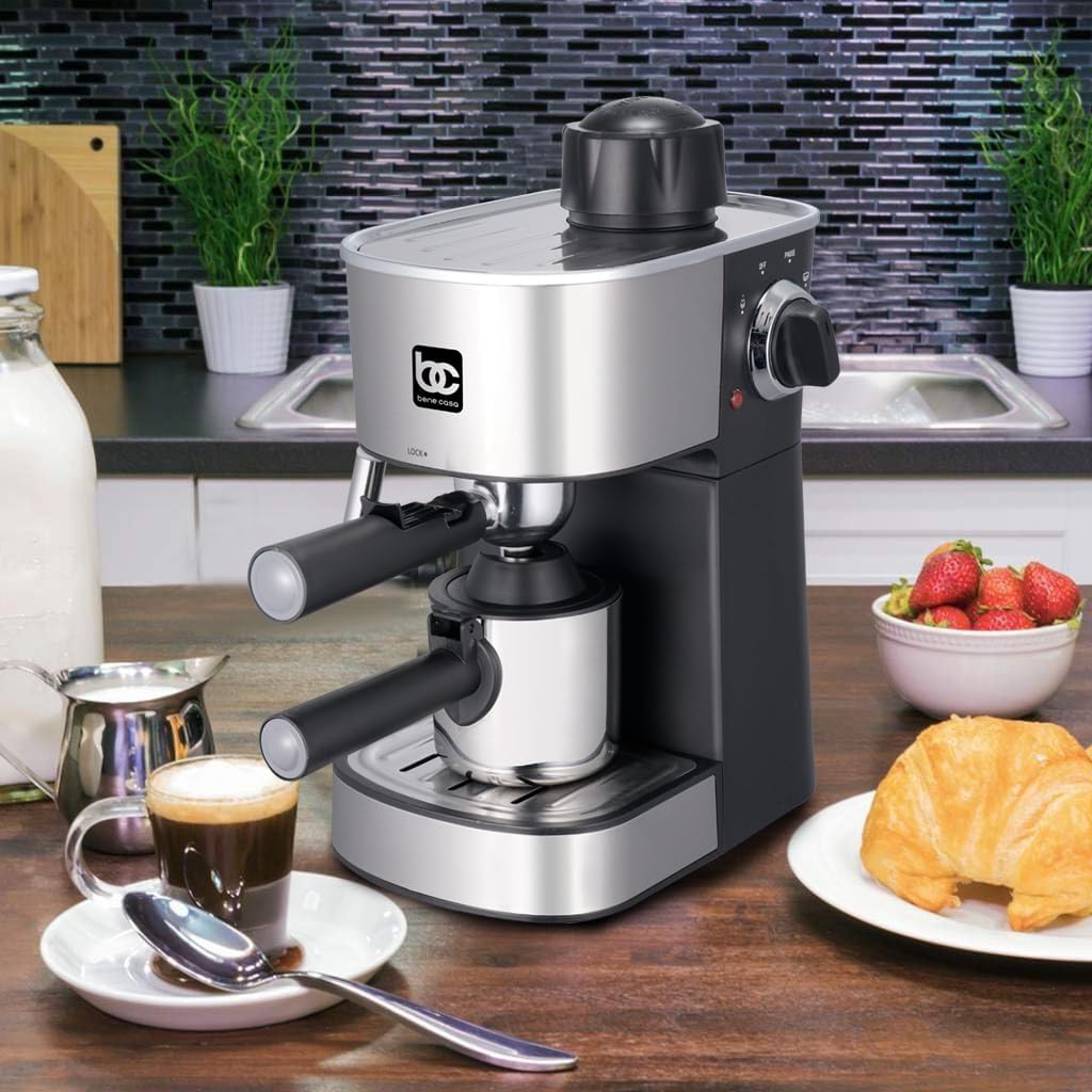 Bene Casa Deluxe Stainless Steel 4-Shot Steam Espresso, Cappuccino, and Latte Maker, Stainless Steel Espresso Maker & Carafe.