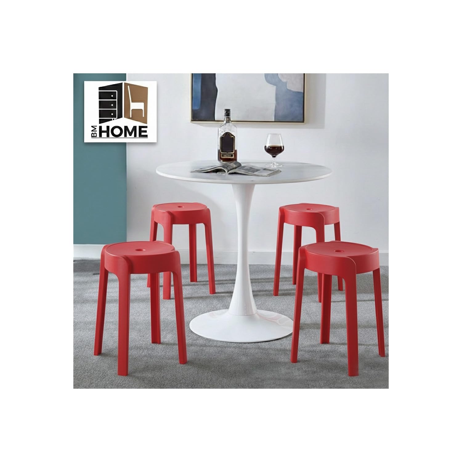 BM Home Tabourets Gigognes empilables en Plastique Rouge 4 Pièces