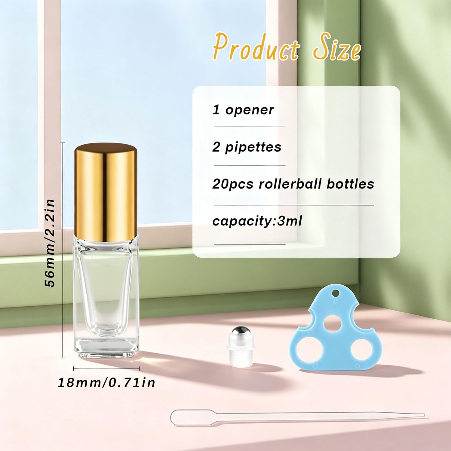20 Pack 3ml Square Essential Oil Roller Bottles with Gold Caps Refillable Empty Glass Containers for Aromatherapy Perfume DIY Skincare and Personal Blends