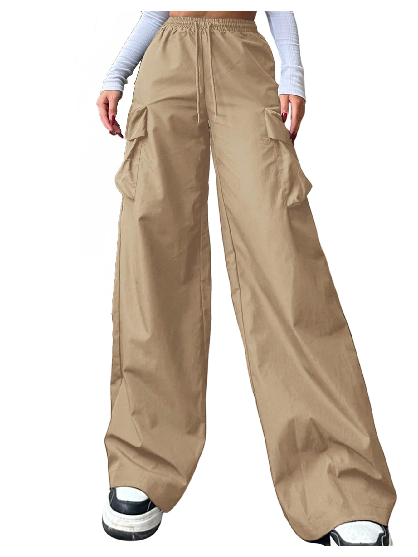 SOLY HUX Womens Cargo Pants Y2k Drawstring High Waisted Wide Leg Baggy Pants Casual Streetwear