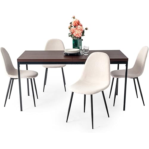 FurnitureR 5PCS Mid-Century Modern Dining Table Set for 4, 59 Inch Rectangular & 4 Upholstered Non-Swivel Chairs, Ideal for Family Gatherings & Home Entertaining, Fabric Beige & Dark Brown